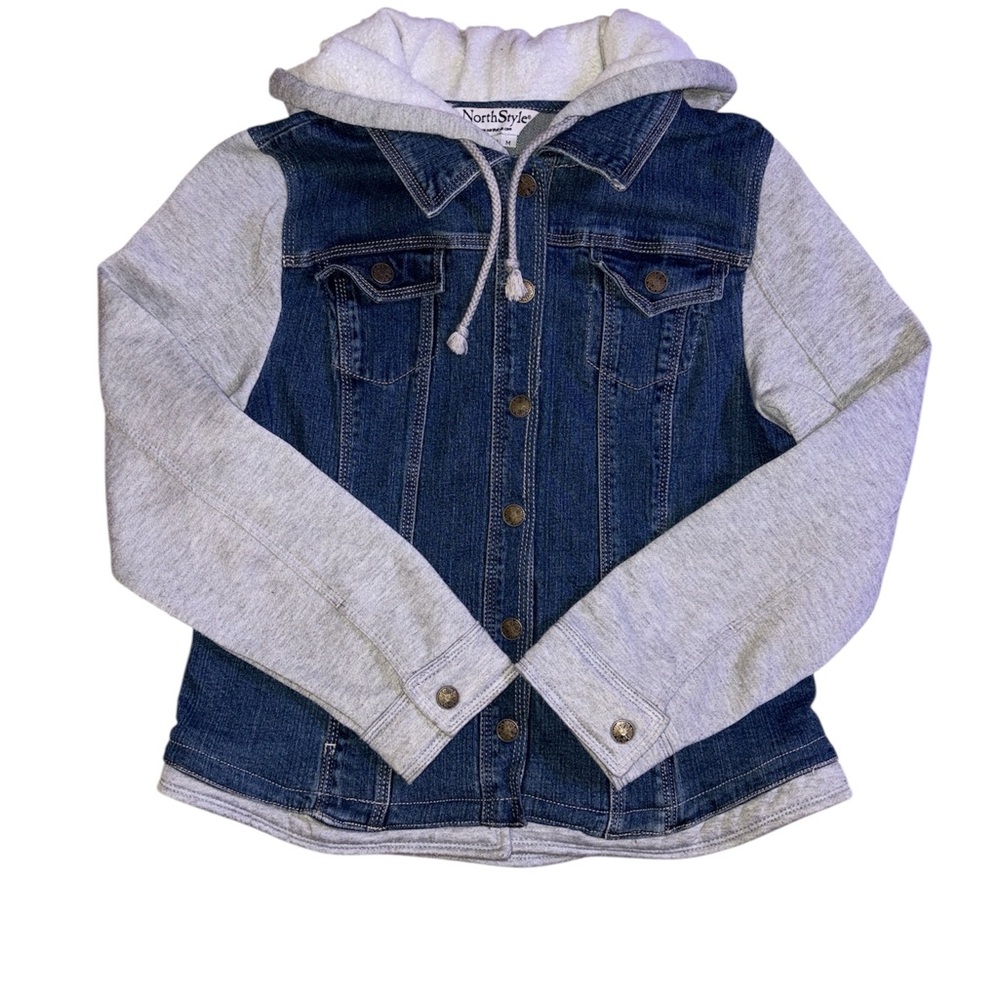 NorthStyle Blue Denim and Gray Hoodie Sweater Jean Cotton Stretchy Button Jacket